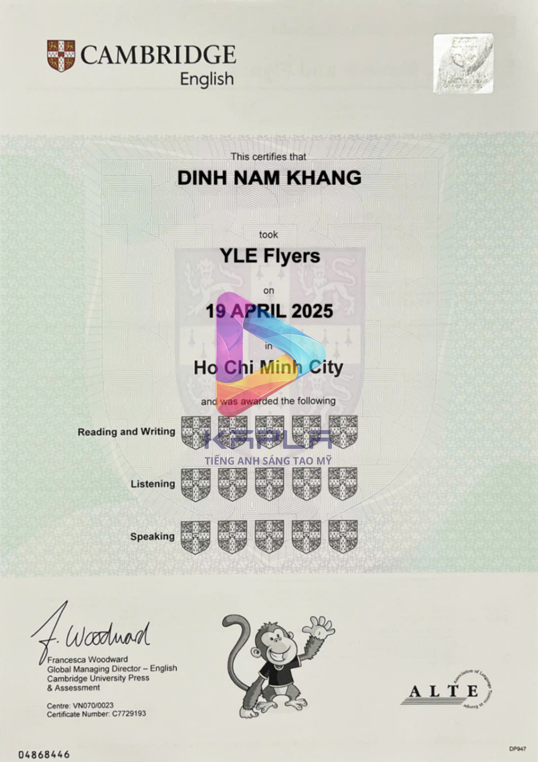 Chứng chỉ Cambridge YLE Flyers – Dinh Nam Khang