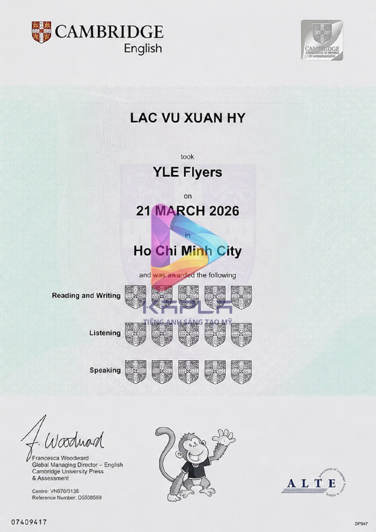 Chứng chỉ Cambridge YLE Flyers – Lac Vu Xuan Hy