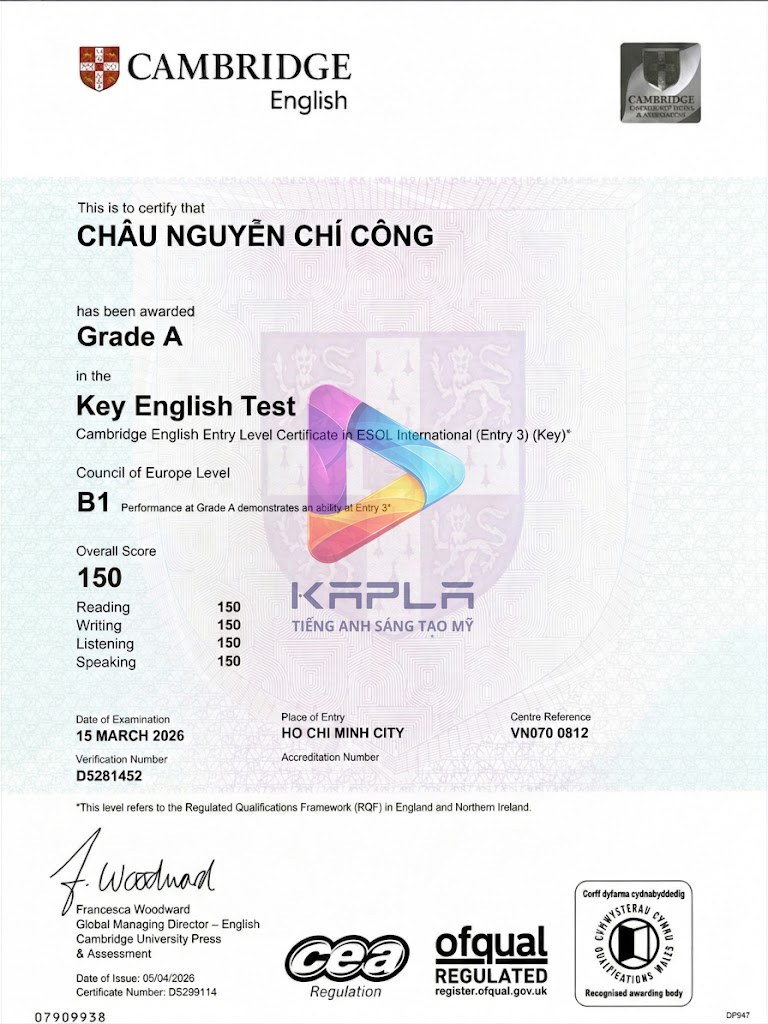 Chứng chỉ Cambridge KET – Châu Nguyễn Chí Công