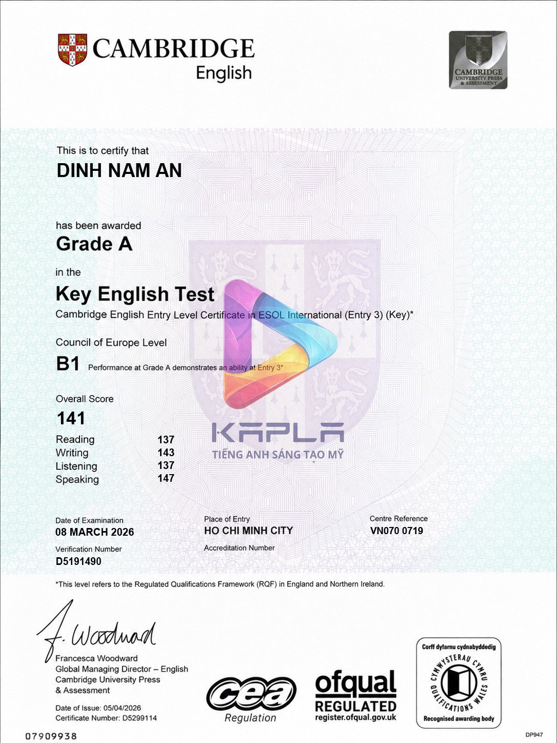 Chứng chỉ Cambridge KET – Đinh Nam An
