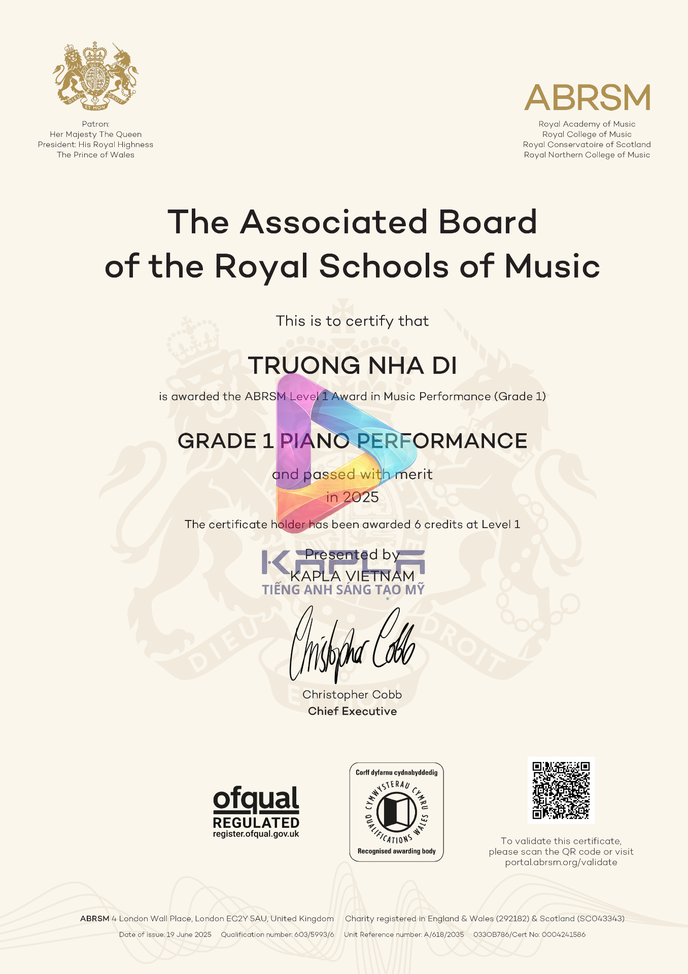 Chứng chỉ ABRSM Piano – Truong Nha Di