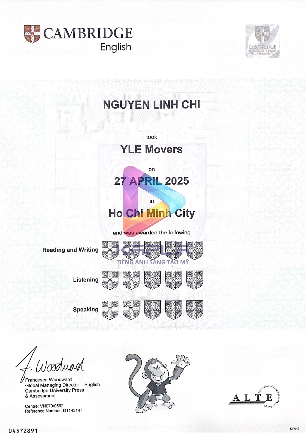 Chứng chỉ Cambridge YLE Movers – Nguyen Linh Chi