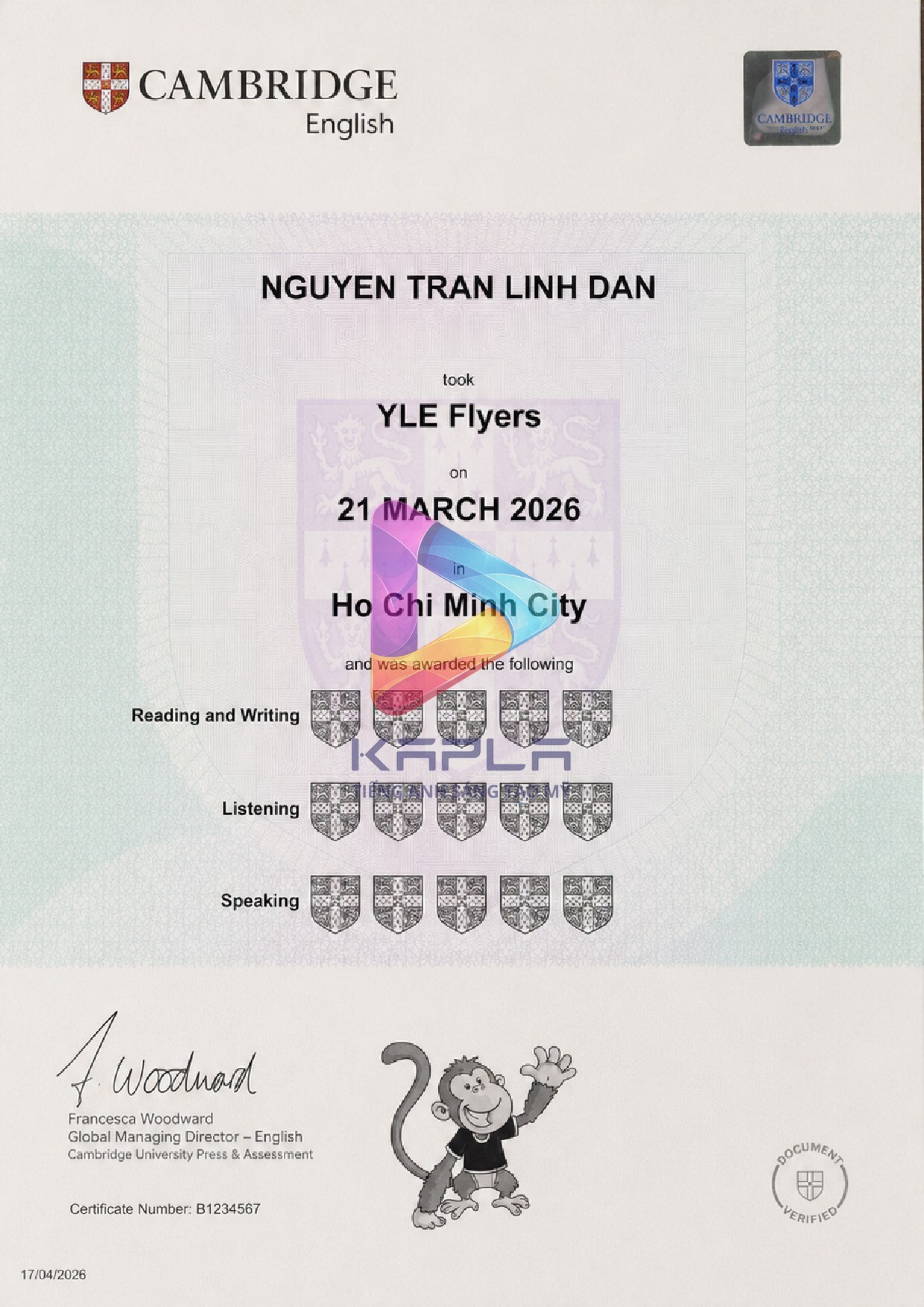 Chứng chỉ Cambridge YLE Flyers – Nguyen Tran Linh Dan