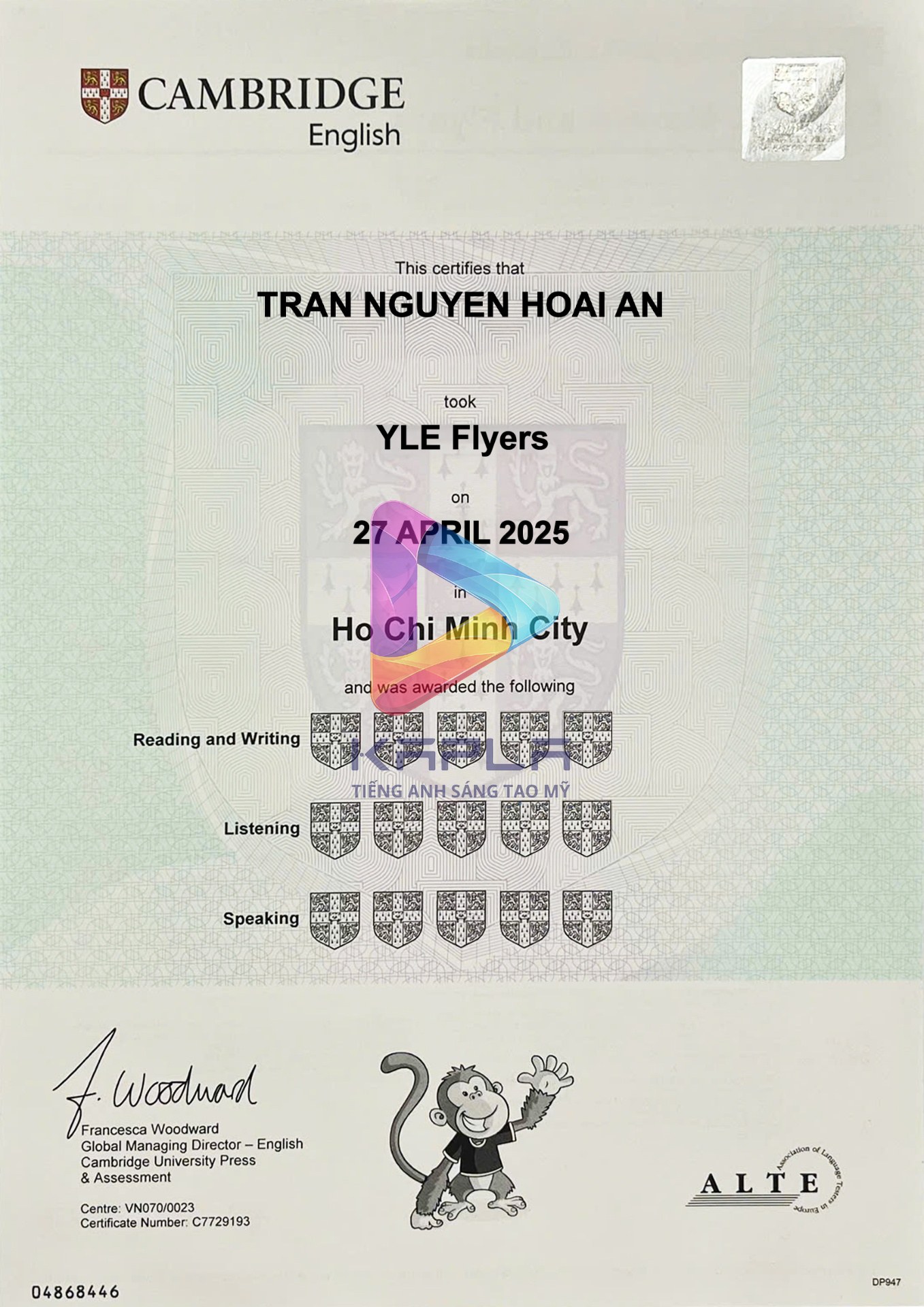 Chứng chỉ Cambridge YLE Flyers – Tran Nguyen Hoai An