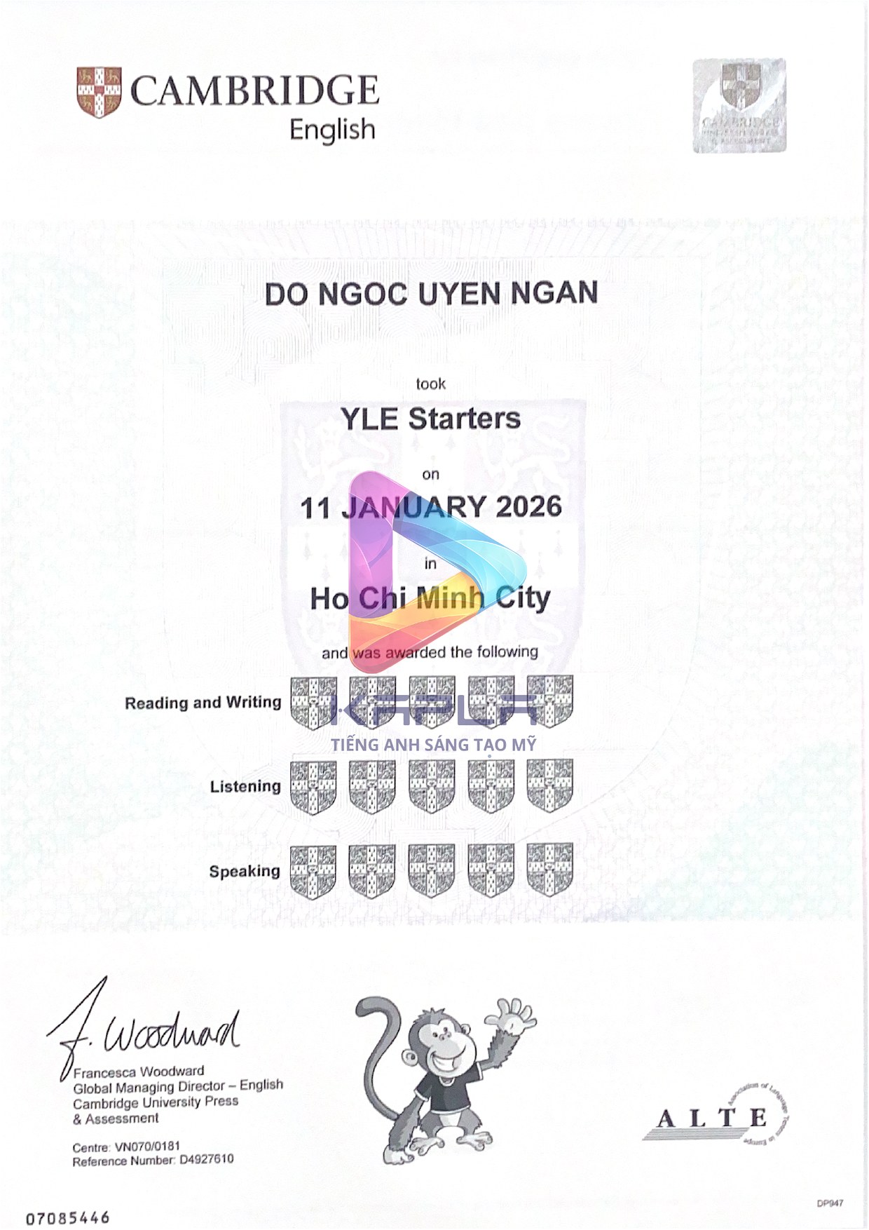 Chứng chỉ Cambridge YLE Starters – Do Ngoc Uyen Ngan