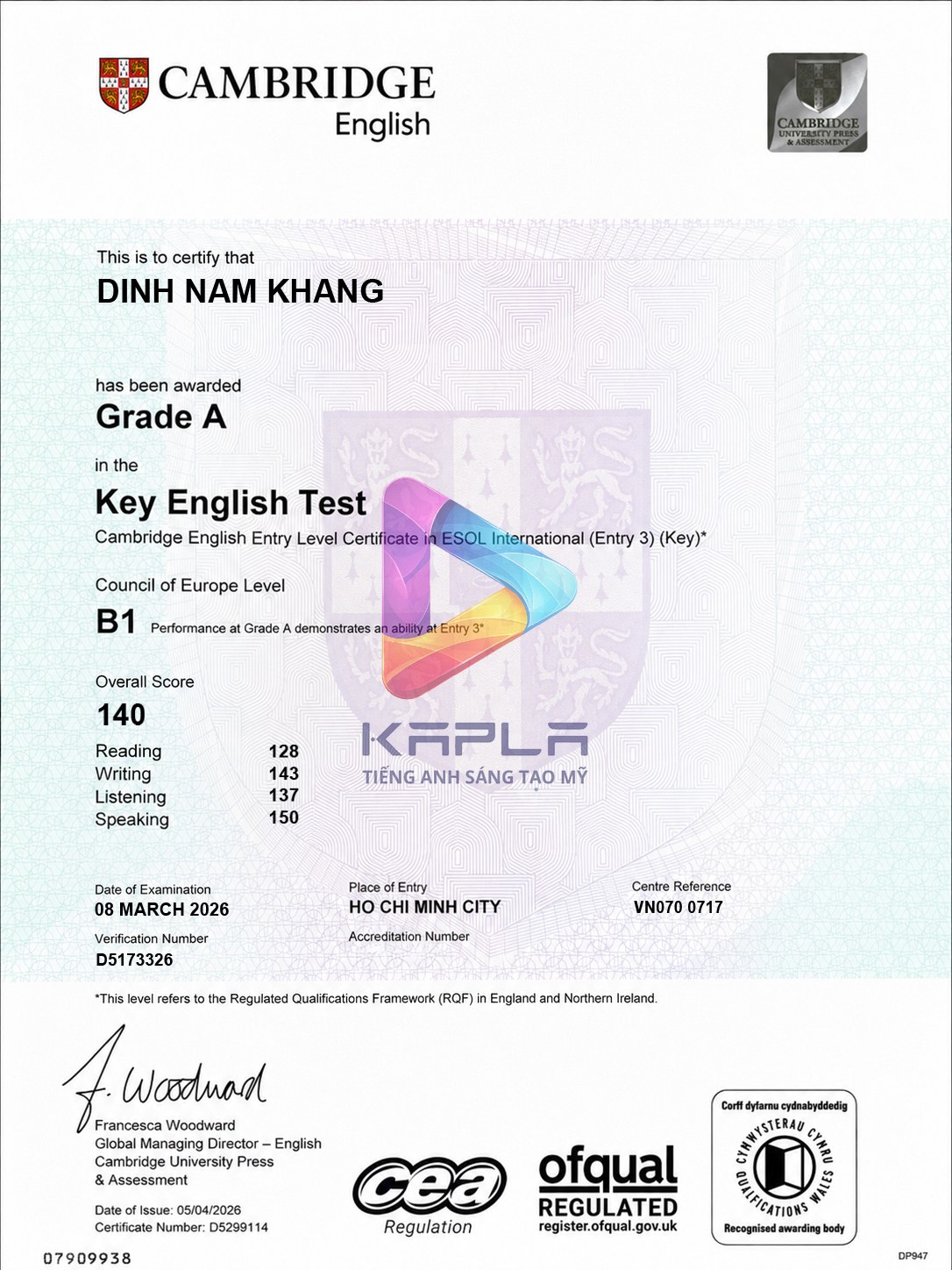 Chứng chỉ Cambridge KET – Đinh Nam Khang