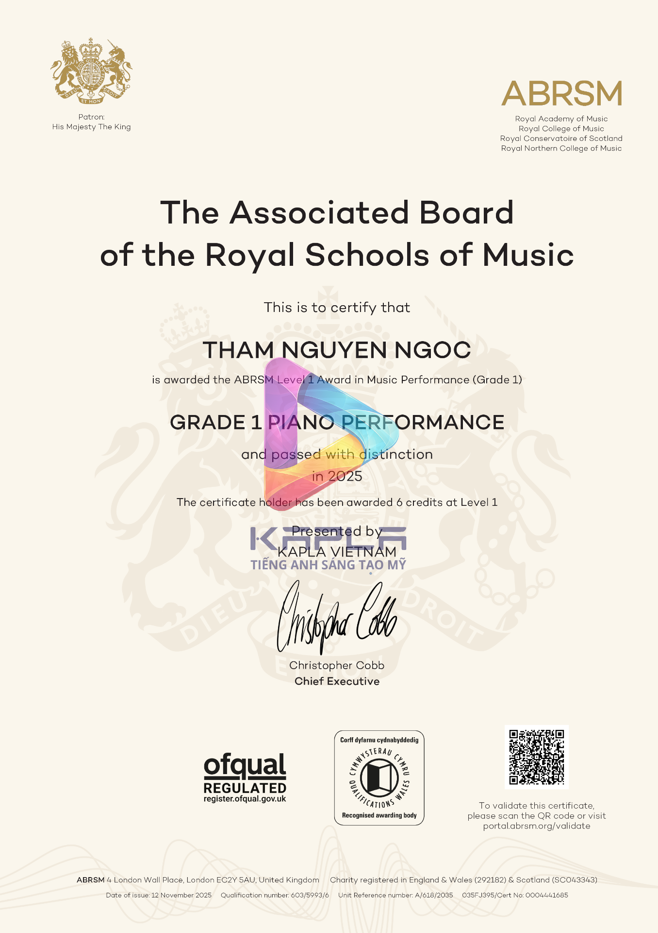 Chứng chỉ ABRSM Piano – Tham Nguyen Ngoc