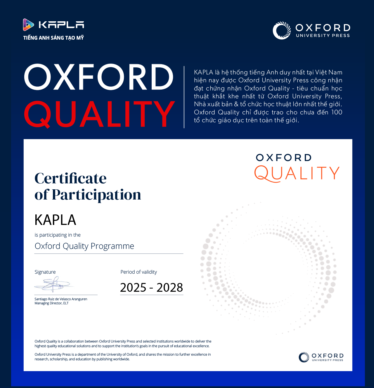 KAPLA - Certificate of Participation Oxford Quality Programme 2025–2028