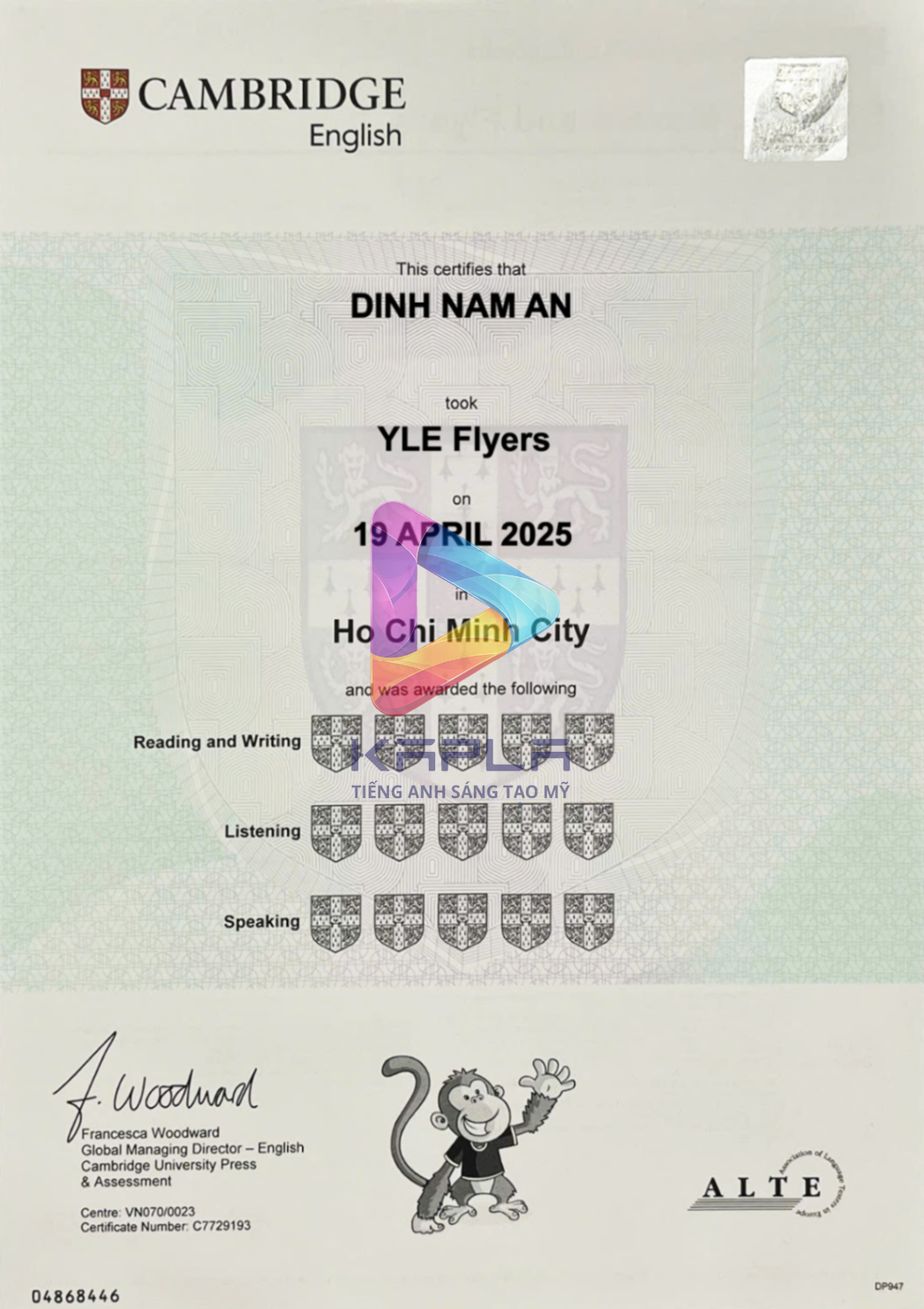 Chứng chỉ Cambridge YLE Flyers – Dinh Nam An