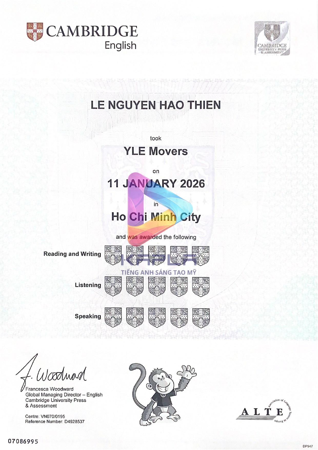 Chứng chỉ Cambridge YLE Movers – Le Nguyen Hao Thien