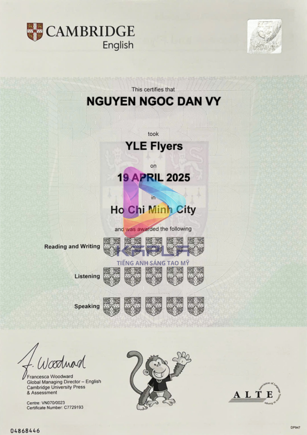Chứng chỉ Cambridge YLE Flyers – Nguyen Ngoc Dan Vy