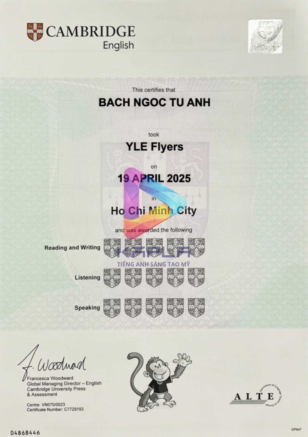 Chứng chỉ Cambridge YLE Flyers – Bach Ngoc Tu Anh
