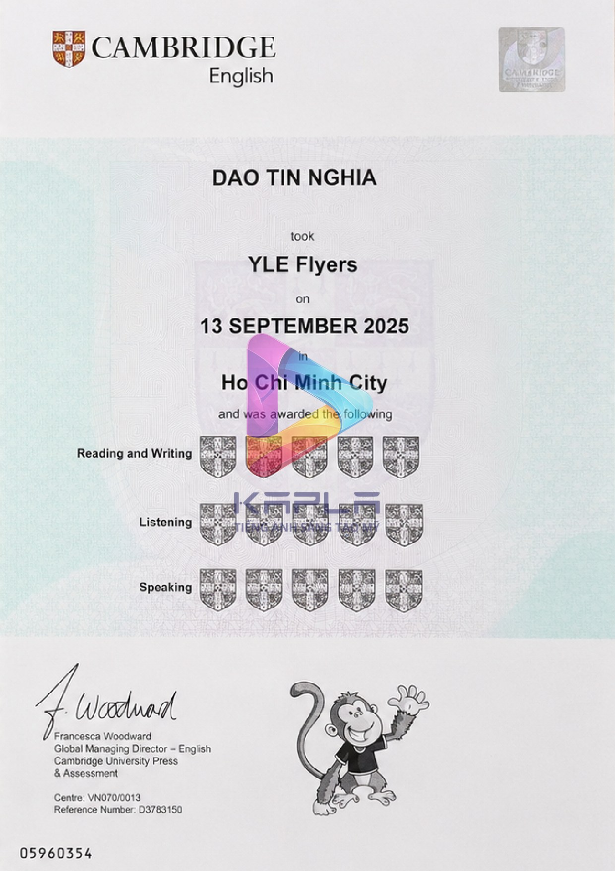 Chứng chỉ Cambridge YLE Flyers – Dao Tin Nghia