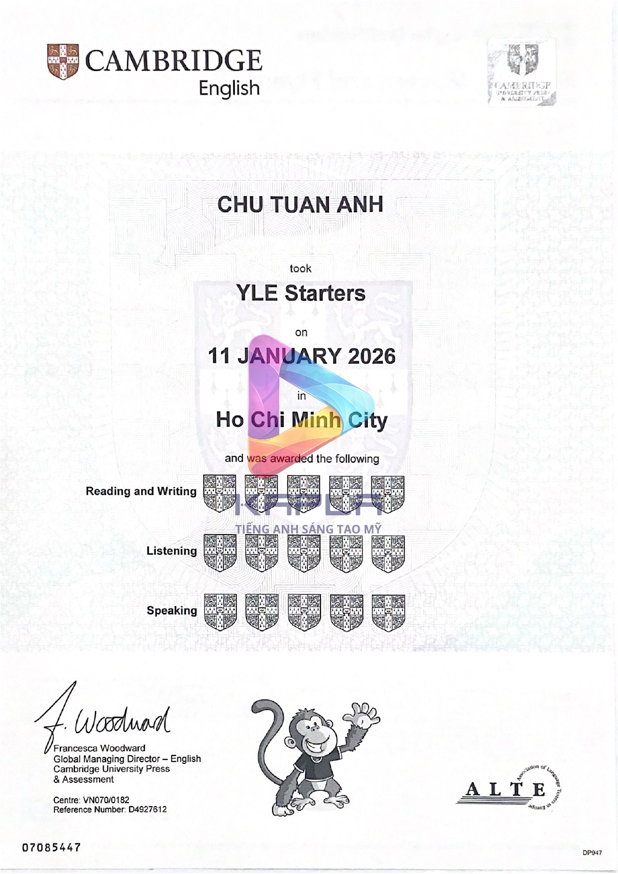 Chứng chỉ Cambridge YLE Starters – Chu Tuan Anh