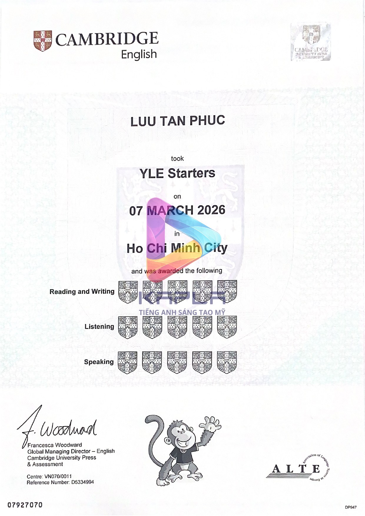 Chứng chỉ Cambridge YLE Starters – Luu Tan Phuc